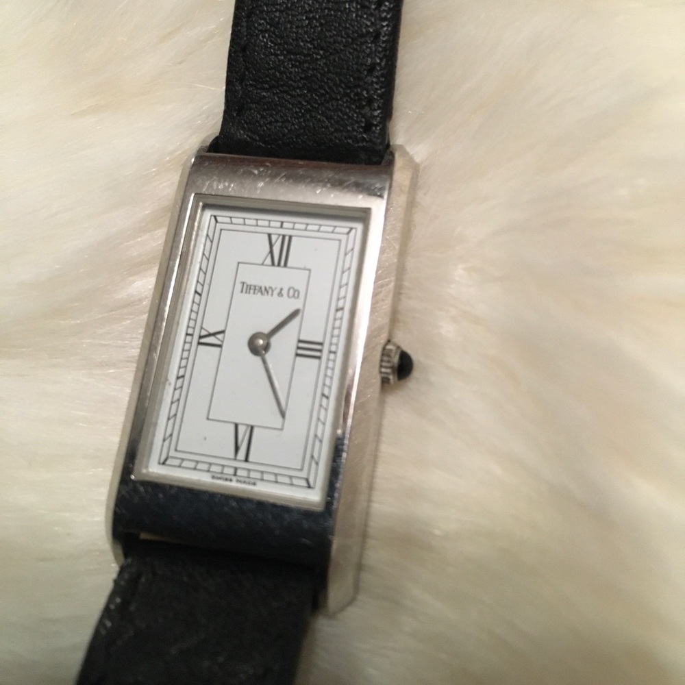 Vintage Authentic TIFFANY & CO Black Leather WATCH Rectangle Roman Numeral - Picture 3 of 15